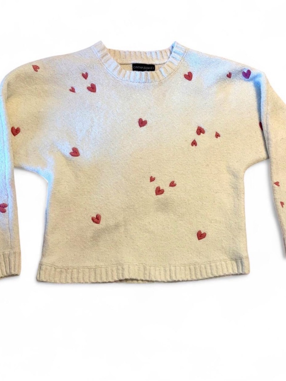 Cynthia Rowley Cream Crewneck Sweater with Pink Heart Embroidery